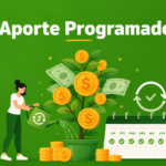 Aporte Programado: Como Criar Constância Para Investir Todo Mês 2 Ilustração de uma mulher regando uma árvore do dinheiro com moedas ao lado de um calendário com cada mês marcado, tudo contra um fundo verde. Na parte superior, aparece a inscrição “Aporte Programado”, destacando os benefícios de fazer contribuições automáticas.