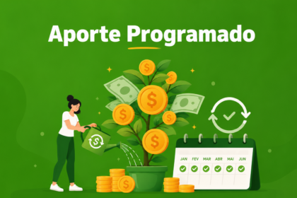 Ilustração de uma mulher regando uma árvore do dinheiro com moedas ao lado de um calendário com cada mês marcado, tudo contra um fundo verde. Na parte superior, aparece a inscrição “Aporte Programado”, destacando os benefícios de fazer contribuições automáticas.
