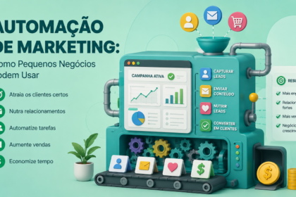 Ilustração em 3D de uma máquina que automatiza tarefas de marketing, como captação de leads, envio de conteúdo e cultivo de relacionamentos, com ícones e gráficos. O texto explica os benefícios para pequenas empresas, como economia de tempo e aumento das vendas.