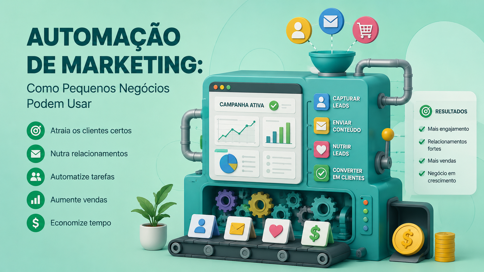 Automação de Marketing: Como Pequenos Negócios Podem Usar 1 Ilustração em 3D de uma máquina que automatiza tarefas de marketing, como captação de leads, envio de conteúdo e cultivo de relacionamentos, com ícones e gráficos. O texto explica os benefícios para pequenas empresas, como economia de tempo e aumento das vendas.