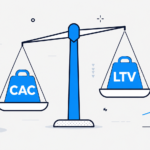 CAC e LTV: Como Entender se Vale a Pena Investir Para Conseguir Clientes 2 Uma ilustração em azul e branco de uma balança compara o CAC e o LTV, com o lado do LTV, mais pesado, superando o CAC. Os ícones ao redor — moedas, pessoas e um gráfico de barras em ascensão — destacam os principais indicadores do crescimento dos negócios.