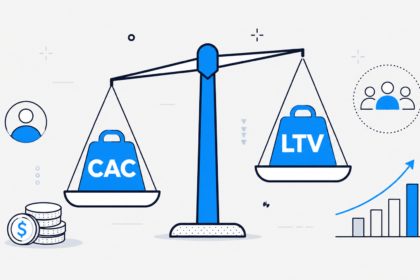 Uma ilustração em azul e branco de uma balança compara o CAC e o LTV, com o lado do LTV, mais pesado, superando o CAC. Os ícones ao redor — moedas, pessoas e um gráfico de barras em ascensão — destacam os principais indicadores do crescimento dos negócios.