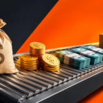 Uma esteira transportadora exibe um saco de dinheiro, moedas de ouro, pilhas de notas, capital de giro, caixas de papelão, uma engrenagem e gráficos de barras contra um fundo laranja e preto, simbolizando o crescimento financeiro e os processos empresariais.