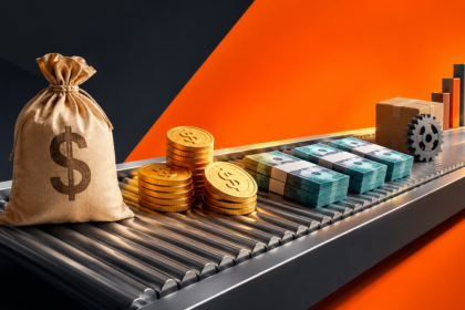 Uma esteira transportadora exibe um saco de dinheiro, moedas de ouro, pilhas de notas, capital de giro, caixas de papelão, uma engrenagem e gráficos de barras contra um fundo laranja e preto, simbolizando o crescimento financeiro e os processos empresariais.