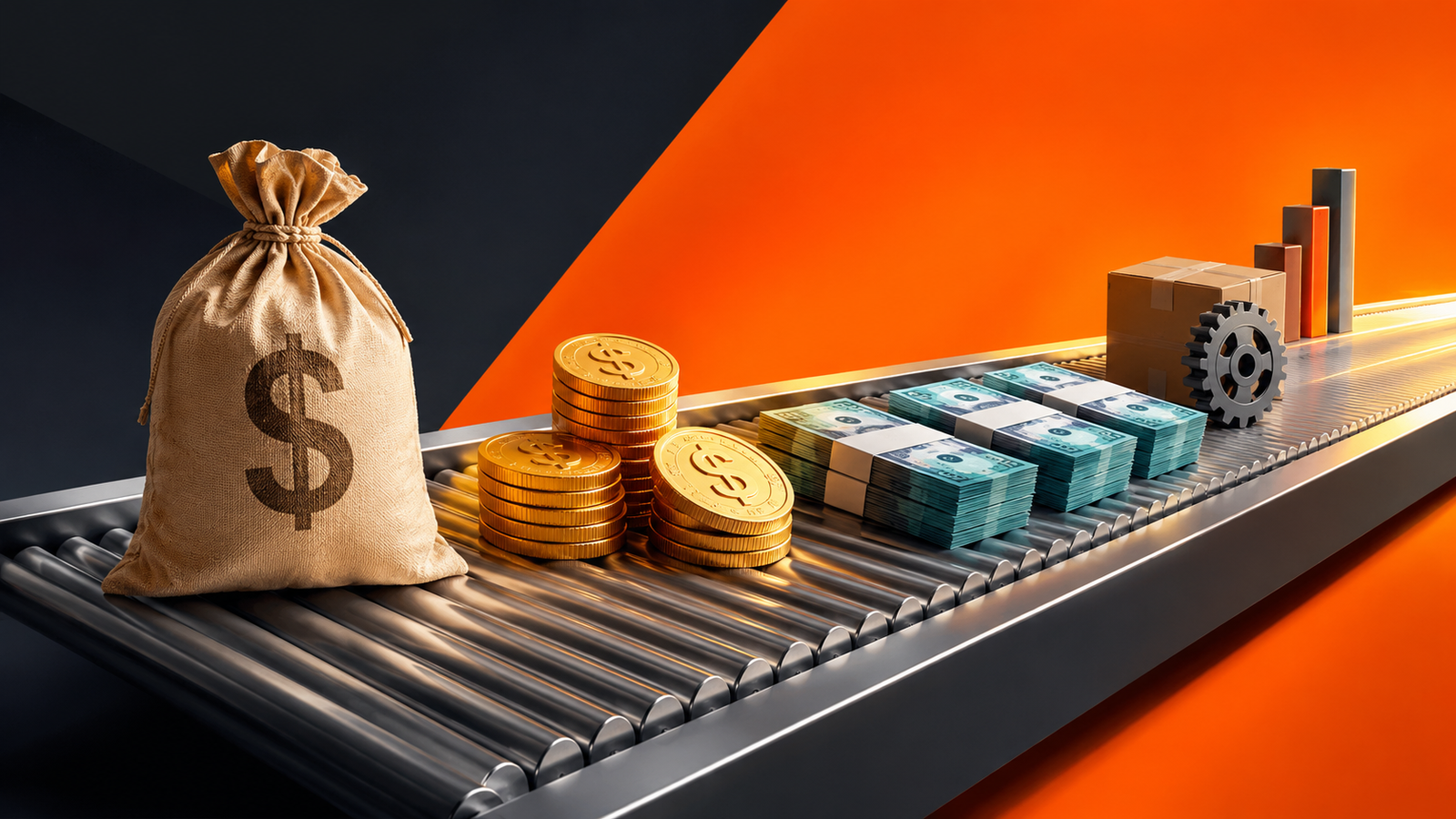 Uma esteira transportadora exibe um saco de dinheiro, moedas de ouro, pilhas de notas, capital de giro, caixas de papelão, uma engrenagem e gráficos de barras contra um fundo laranja e preto, simbolizando o crescimento financeiro e os processos empresariais.