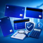 Cartão Consignado: Como Funciona e Quais Cuidados Tomar Antes de Contratar 2 Vários cartões de crédito azuis, incluindo um cartão consignado, um escudo com uma marca de seleção, uma calculadora e documentos, são mostrados tendo como pano de fundo um prédio de banco desfocado, simbolizando segurança financeira e o setor bancário.
