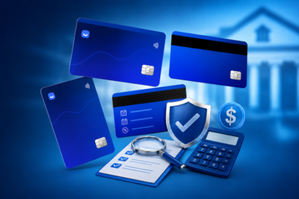 Vários cartões de crédito azuis, incluindo um cartão consignado, um escudo com uma marca de seleção, uma calculadora e documentos, são mostrados tendo como pano de fundo um prédio de banco desfocado, simbolizando segurança financeira e o setor bancário.