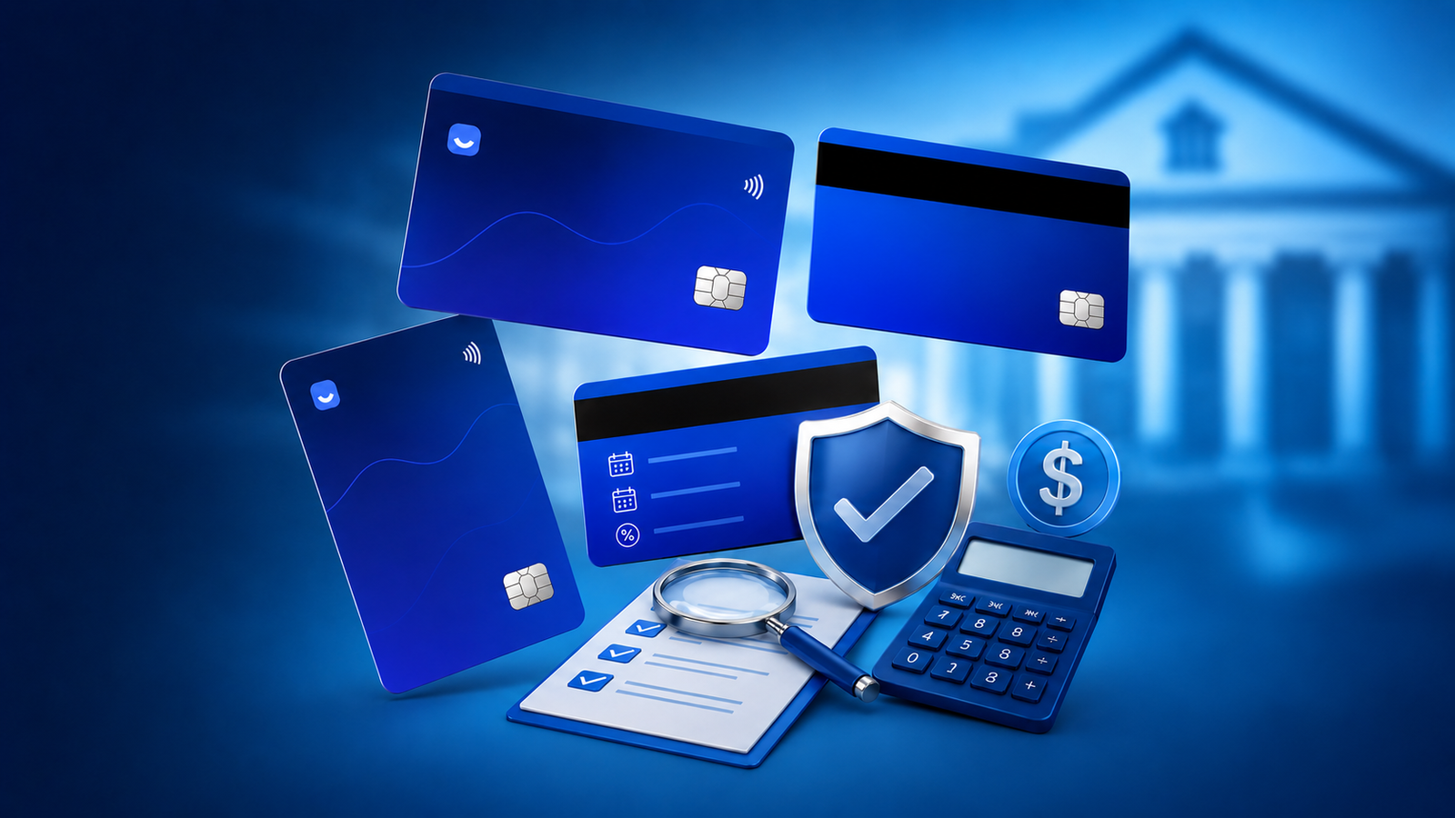 Vários cartões de crédito azuis, incluindo um cartão consignado, um escudo com uma marca de seleção, uma calculadora e documentos, são mostrados tendo como pano de fundo um prédio de banco desfocado, simbolizando segurança financeira e o setor bancário.