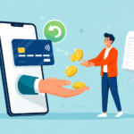 Cashback no Cartão: Quando Vale a Pena e Quando é Só Ilusão 2 Um homem recebe moedas de uma mão que se estende da tela de um smartphone, com um cartão de crédito, “cashback no cartão”, ícones financeiros e um recibo ao fundo, representando pagamentos online ou serviços bancários digitais.