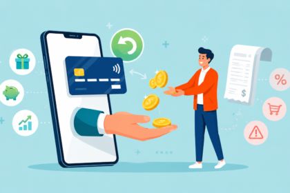 Um homem recebe moedas de uma mão que se estende da tela de um smartphone, com um cartão de crédito, “cashback no cartão”, ícones financeiros e um recibo ao fundo, representando pagamentos online ou serviços bancários digitais.
