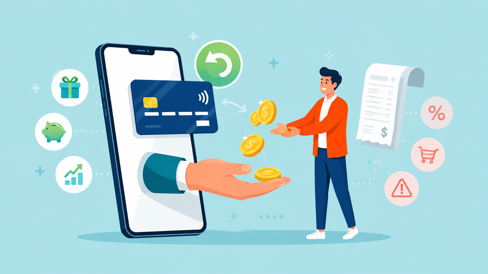 Cashback no Cartão: Quando Vale a Pena e Quando é Só Ilusão 1 Um homem recebe moedas de uma mão que se estende da tela de um smartphone, com um cartão de crédito, “cashback no cartão”, ícones financeiros e um recibo ao fundo, representando pagamentos online ou serviços bancários digitais.