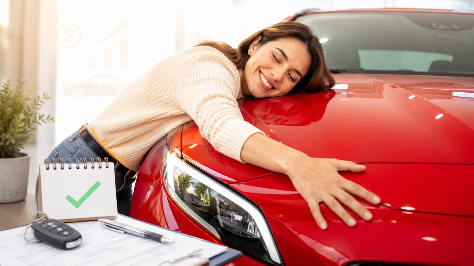 Uma mulher sorridente abraça o capô de um carro vermelho reluzente em uma concessionária. As chaves do carro, uma prancheta com documentos e um bloco de notas com uma marca de verificação verde estão sobre a mesa em primeiro plano.