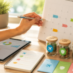 Uma pessoa marca uma data em um calendário de mesa ao lado de potes de vidro cheios de moedas — cada um identificado com as categorias “viagens”, “saúde”, “casa” e “poupança para educação” —, com um tablet e um bloco de notas ao lado, destacando a ideia de uma conta separada para objetivos.
