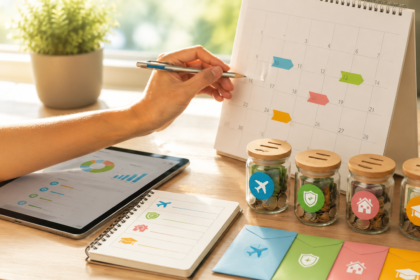 Uma pessoa marca uma data em um calendário de mesa ao lado de potes de vidro cheios de moedas — cada um identificado com as categorias “viagens”, “saúde”, “casa” e “poupança para educação” —, com um tablet e um bloco de notas ao lado, destacando a ideia de uma conta separada para objetivos.