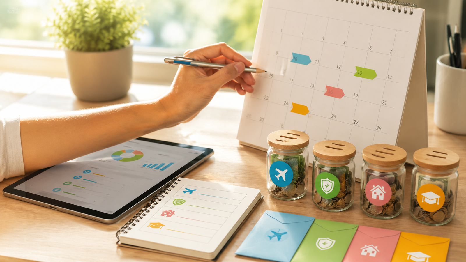 Conta Separada Para Objetivos: Como Organizar Metas Sem Misturar Tudo 1 Uma pessoa marca uma data em um calendário de mesa ao lado de potes de vidro cheios de moedas — cada um identificado com as categorias “viagens”, “saúde”, “casa” e “poupança para educação” —, com um tablet e um bloco de notas ao lado, destacando a ideia de uma conta separada para objetivos.