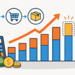 Margem de Contribuição: Como Saber Quanto Cada Venda Ajuda no Lucro 3 Ilustração de um gráfico de crescimento com barras, uma seta apontando para cima, uma calculadora, notas, moedas, um gráfico circular e ícones representando uma loja, um carrinho de compras e um pacote, simbolizando o aumento das vendas e dos lucros da empresa.