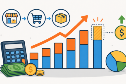 Ilustração de um gráfico de crescimento com barras, uma seta apontando para cima, uma calculadora, notas, moedas, um gráfico circular e ícones representando uma loja, um carrinho de compras e um pacote, simbolizando o aumento das vendas e dos lucros da empresa.