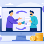 Modelo de Negócios por Assinatura: Como Criar Receita Recorrente 2 Ilustração de dois homens apertando as mãos através da tela de um computador, sendo que um deles segura um contrato. Ao redor deles, há ícones de moedas, gráficos, um calendário e setas que indicam uma transação comercial ou parceria.
