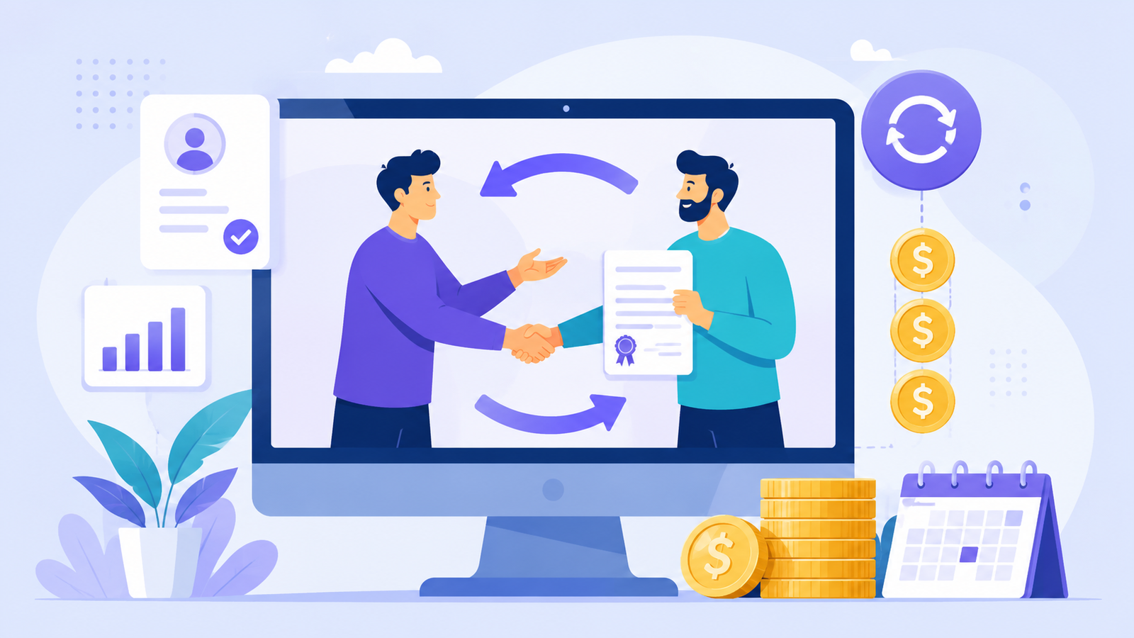 Modelo de Negócios por Assinatura: Como Criar Receita Recorrente 1 Ilustração de dois homens apertando as mãos através da tela de um computador, sendo que um deles segura um contrato. Ao redor deles, há ícones de moedas, gráficos, um calendário e setas que indicam uma transação comercial ou parceria.