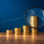 Uma mão segura uma lupa sobre pilhas de moedas de ouro dispostas em ordem crescente, com um gráfico em tendência de queda e símbolos de porcentagem ao fundo, destacando uma análise financeira ou a queda nos lucros causada pela alta taxa de administração.