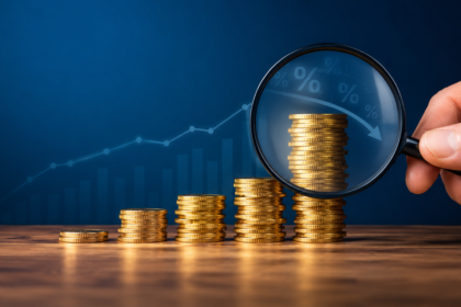 Uma mão segura uma lupa sobre pilhas de moedas de ouro dispostas em ordem crescente, com um gráfico em tendência de queda e símbolos de porcentagem ao fundo, destacando uma análise financeira ou a queda nos lucros causada pela alta taxa de administração.