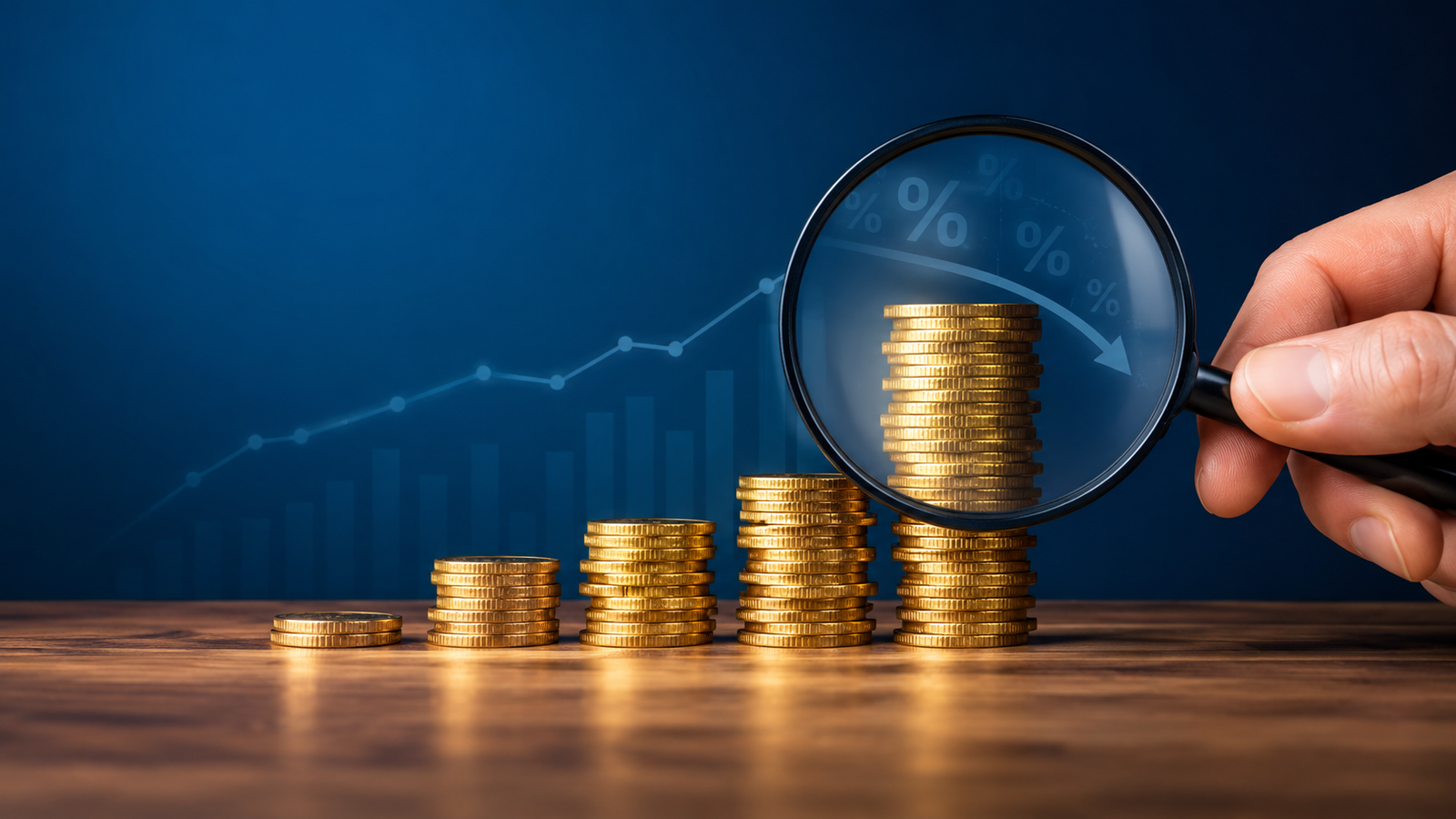 Taxa de Administração: Como Esse Custo Pode Afetar Seus Investimentos 1 Uma mão segura uma lupa sobre pilhas de moedas de ouro dispostas em ordem crescente, com um gráfico em tendência de queda e símbolos de porcentagem ao fundo, destacando uma análise financeira ou a queda nos lucros causada pela alta taxa de administração.