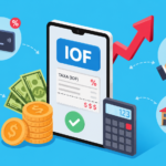 O Que É IOF e Quando Ele Aparece no Seu Bolso 2 Ilustração de um smartphone exibindo o IOF com notas, moedas, uma calculadora e símbolos de porcentagem. Os ícones representam viagens, cartão de crédito, recebimento de dinheiro e uma casa com um saco de dinheiro, simbolizando transações financeiras e impostos.