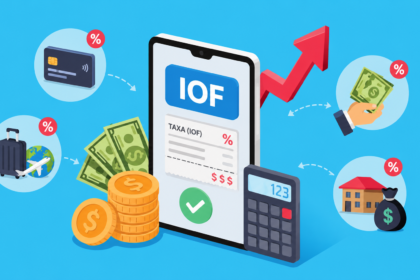 Ilustração de um smartphone exibindo o IOF com notas, moedas, uma calculadora e símbolos de porcentagem. Os ícones representam viagens, cartão de crédito, recebimento de dinheiro e uma casa com um saco de dinheiro, simbolizando transações financeiras e impostos.