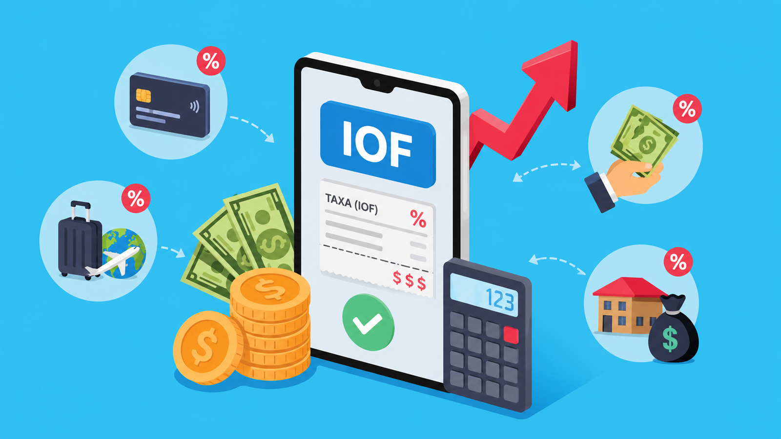 Ilustração de um smartphone exibindo o IOF com notas, moedas, uma calculadora e símbolos de porcentagem. Os ícones representam viagens, cartão de crédito, recebimento de dinheiro e uma casa com um saco de dinheiro, simbolizando transações financeiras e impostos.